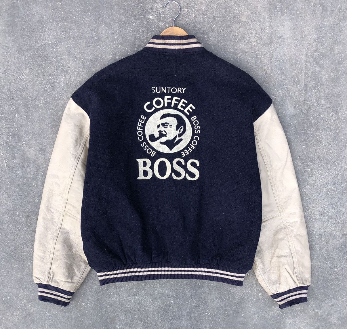VINTAGE SUNTORY BOSS COFFEE WOOL LEATHER VARSITY JACKET