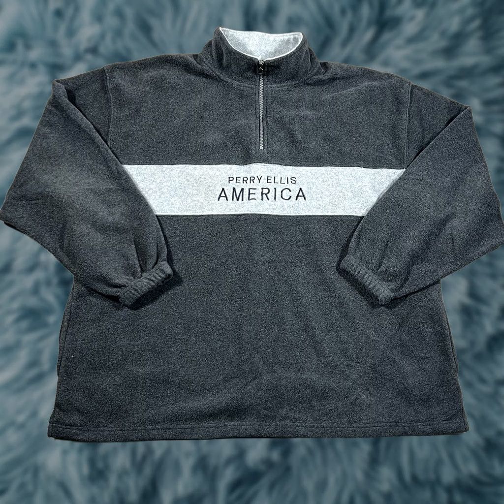 Perry Ellis VINTAGE Perry Ellis America Fleece Sweater 1/4 Zip Pullover Mens 2XL Gray Black Size US XXL / EU 58 / 5 - 1 Thumbnail