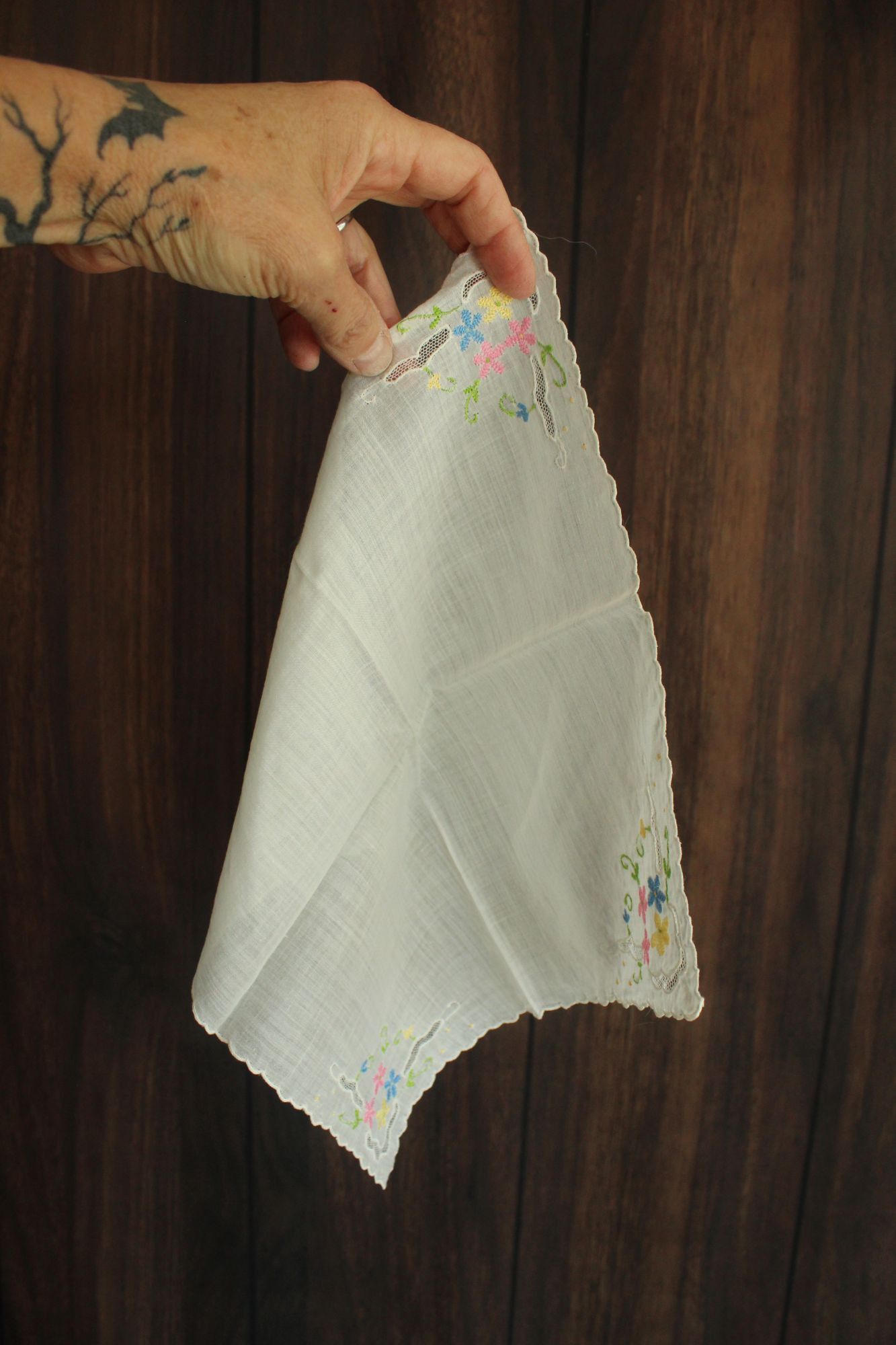 Vintage Vintage Handkerchief, Pink Blue and Yellow Flower Embroidery Size ONE SIZE - 9 Thumbnail