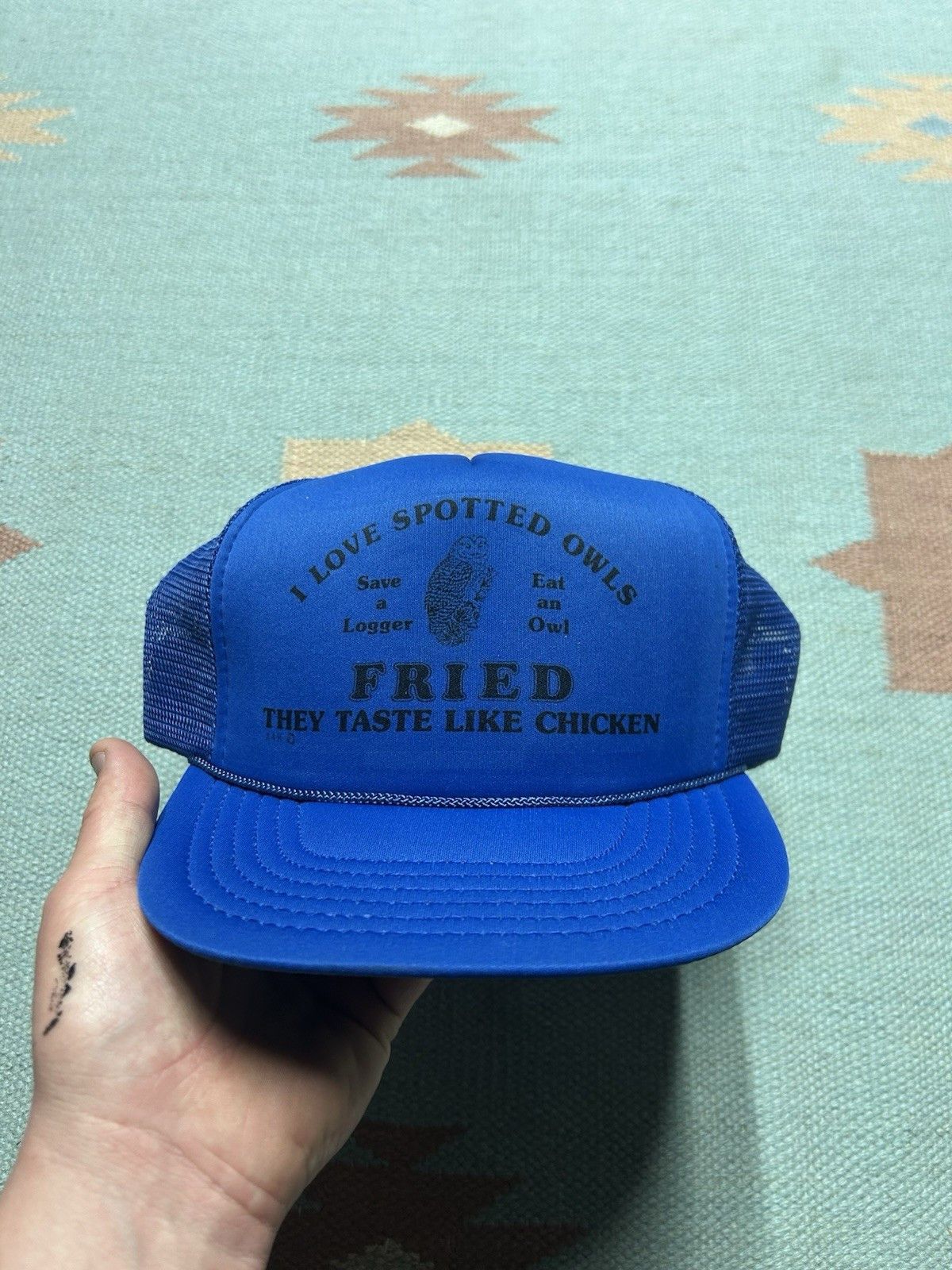 Vintage Vtg trucker hat I love spotted owls taste like chicken log Size ONE SIZE - 2 Thumbnail