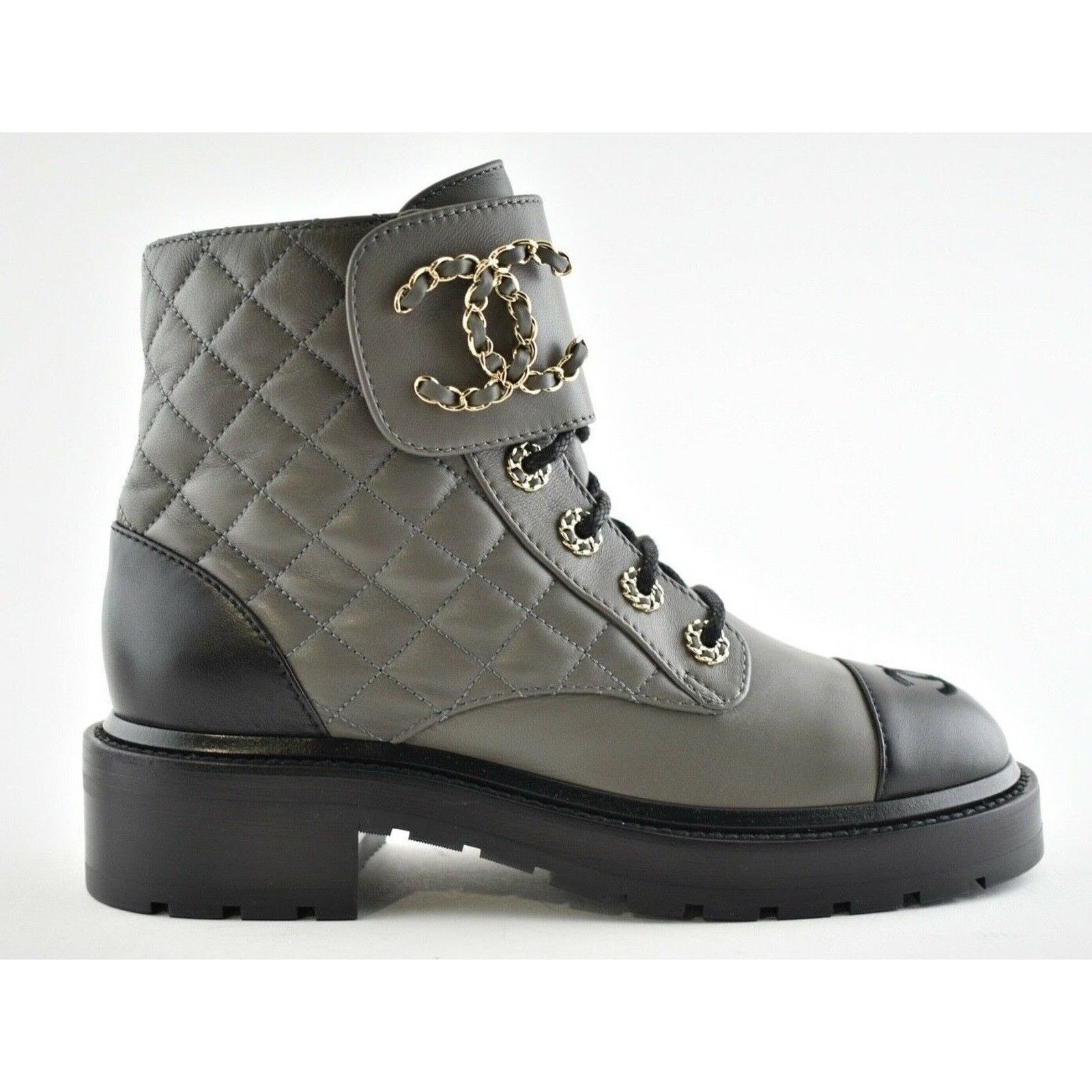 Chanel Chanel 21A Grey Black Quilted CC Chain Combat Lace Up Size US 10 / IT 40 - 1 Thumbnail