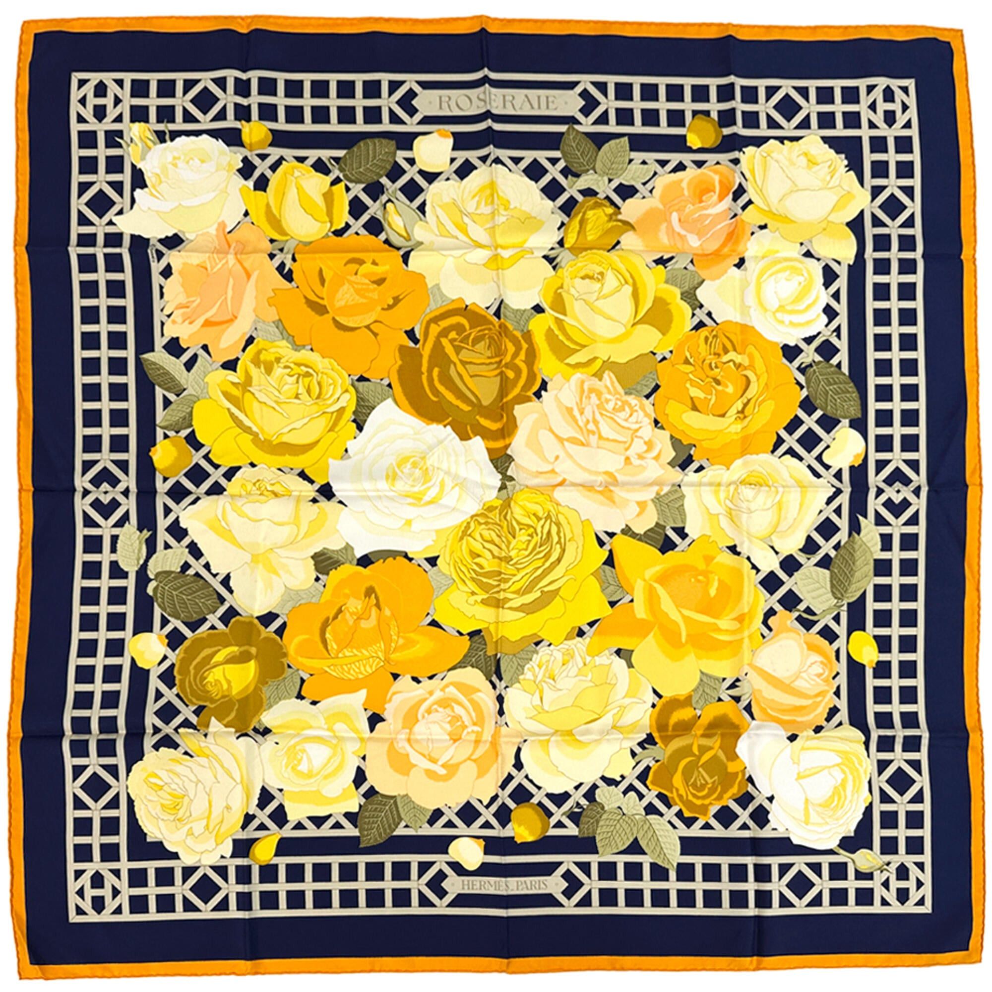 Hermes Hermes scarf/muffler, Carre 90, ROSRRAIE (Rose Garden), women's, brand name, silk, navy, orange, multicolor, floral pattern. Size ONE SIZE - 1 Thumbnail