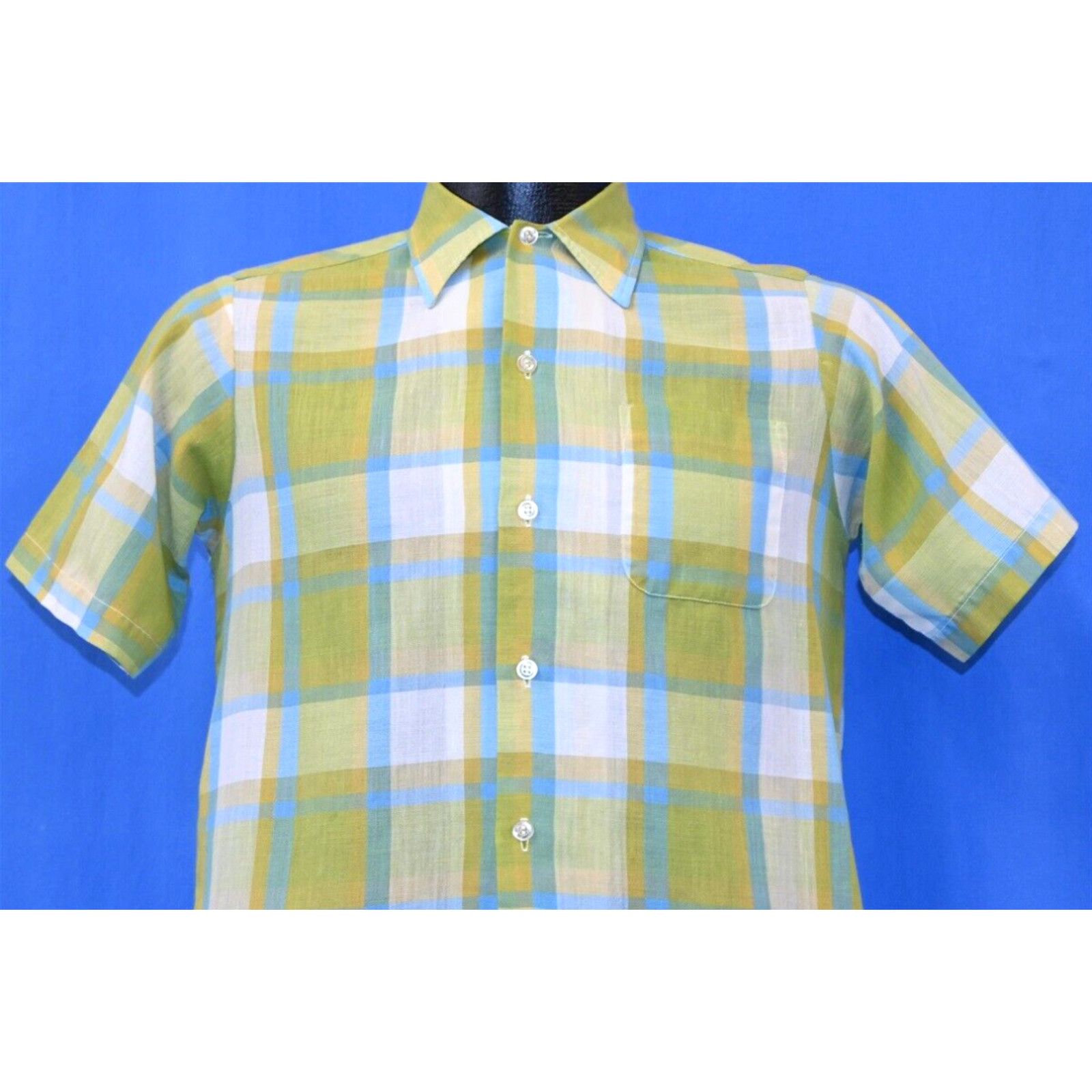 image of Vintage 60S Sears Green Blue Check Plaid Square Bottom Men's Button Down Shirt S in White (Size Sma