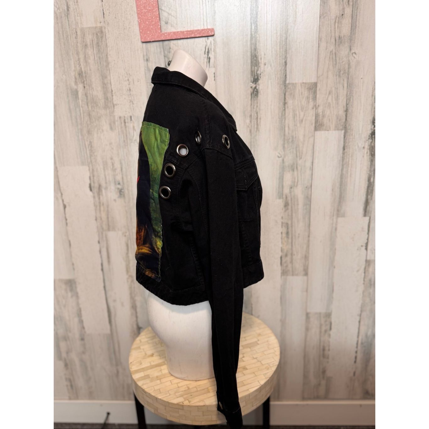 Other Fashion Nova Black Denim Jacket L – Graphic Mona Lisa Back Print “Shut Up” Imagine All The People Quote Women’s Large Size L / US 10 / IT 46 - 9 Thumbnail