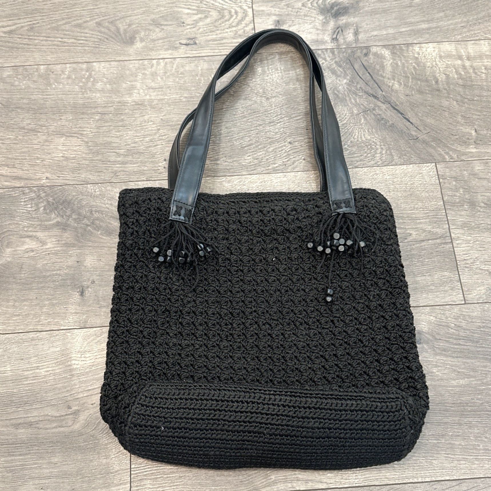 The Sak VINTAGE The Sak Large Black Woven Shoulder Bag Tote Double Strap Tassel Bead Detail Zip Size ONE SIZE - 5 Thumbnail