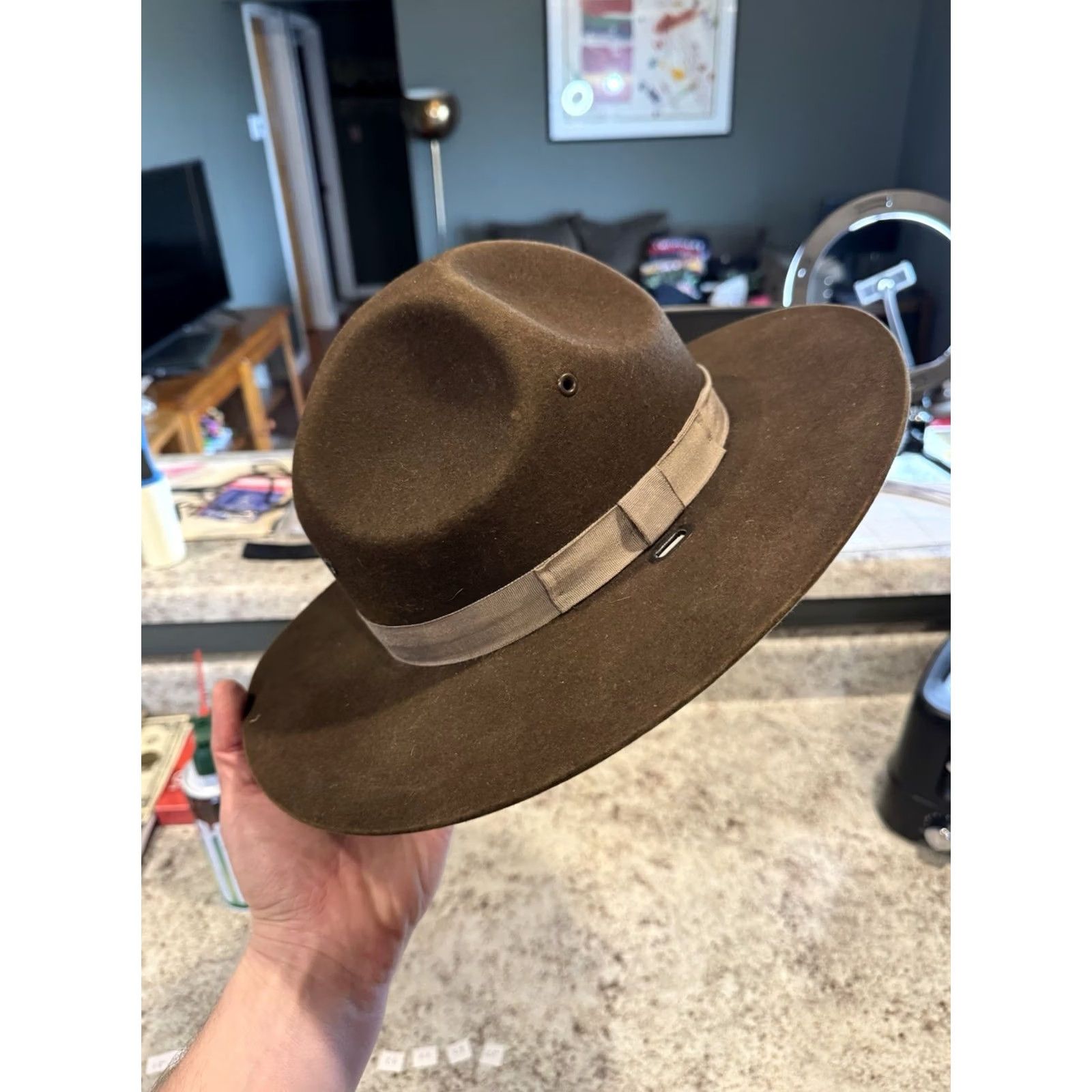 FELT VINTAGE Stratton Campaign Hat Wool Felt 100% Wool Brown Brown 6 7/8 Men USA Campaign Hat Wide Brim Size ONE SIZE - 2 Thumbnail