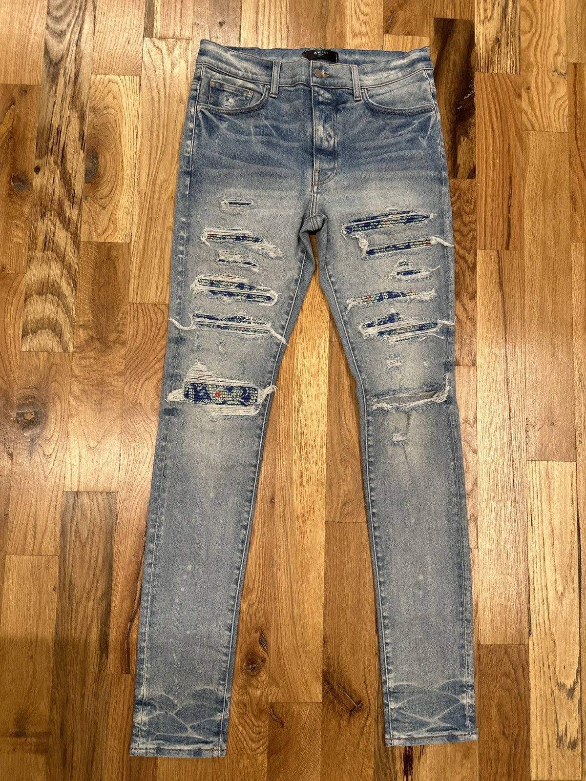 image of Amiri Mx1 Multicolor Paisley Indigo Denim Jeans Size 32 in Blue, Men's