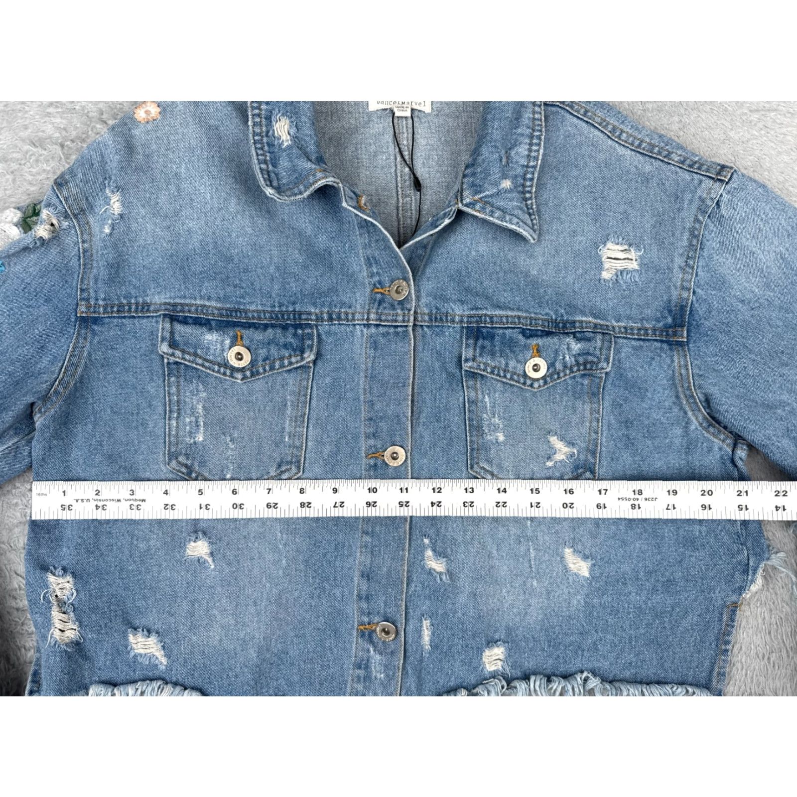 Vintage Dance & Marvel Jacket Womens Large Blue Denim Jean Distressed Floral Embroidered Size 40" / US 18 - 7 Thumbnail
