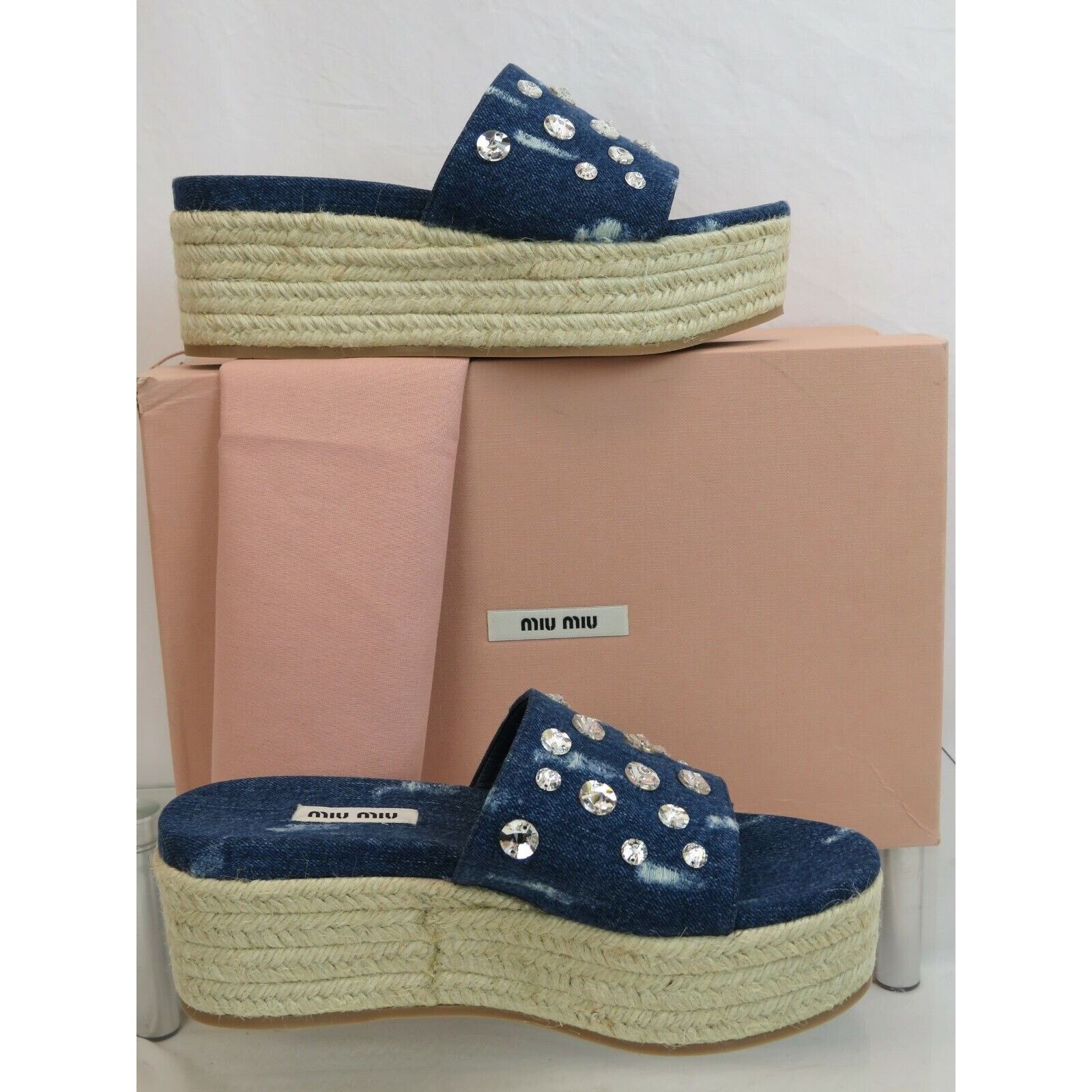 Miu Miu MIU MIU 5XX383 BLUE DENIM CRYSTALS PLATFORM ESPADRILLES 40 Size US 10 / IT 40 - 4 Thumbnail
