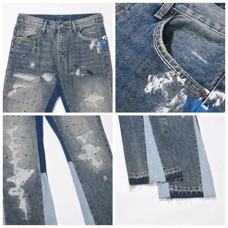 Japanese Brand Blue Speckle ink Washed Destroyed Flared Jean Size US 30 / EU 46 - 5 Thumbnail