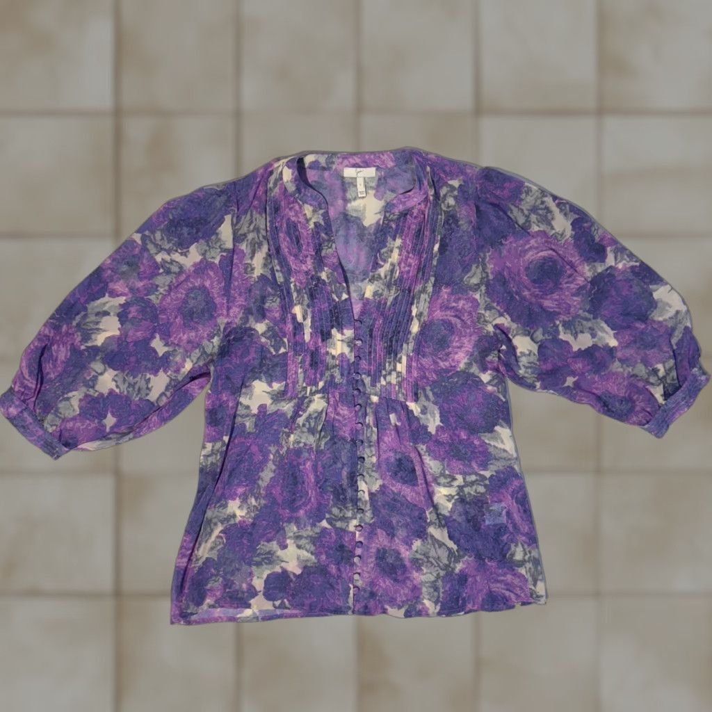 Joie JOIE Blouse Silk Chiffon Purple Floral Pintuck Button Down V-Neck 3/4 Sleeve Size S Women Size S / US 4 / IT 40 - 1 Thumbnail