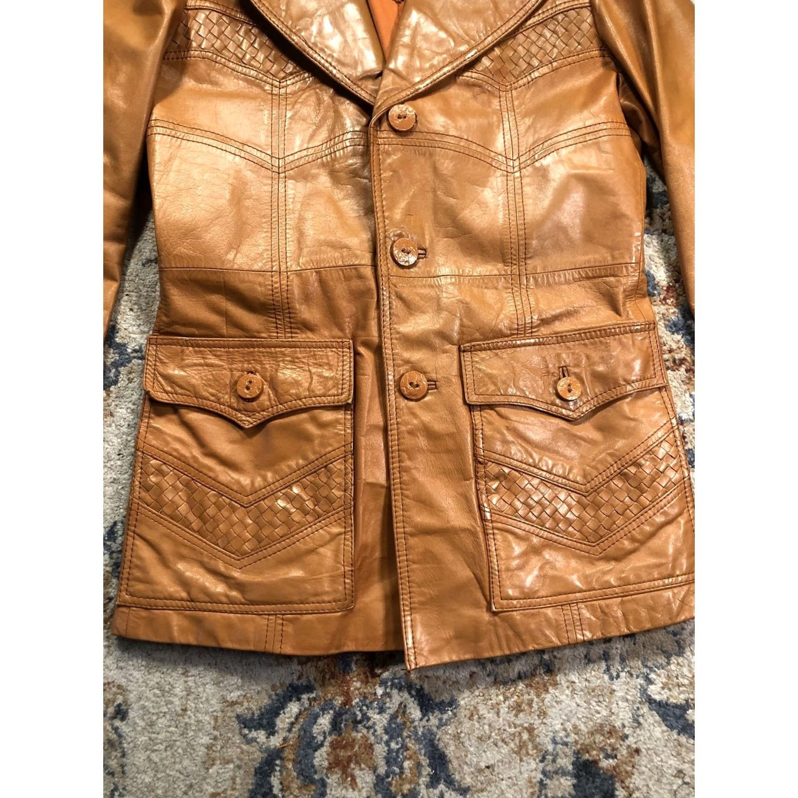 Vintage VINTAGE Raffaelo Coat Womens 38 Brown Leather Woven Pocket Mid Length Retro 70s Coat Womens Brown Leather Overcoat 38 Vintage 70s Retro Casual Women's Size XS / US 0-2 / IT 36-38 - 6 Thumbnail