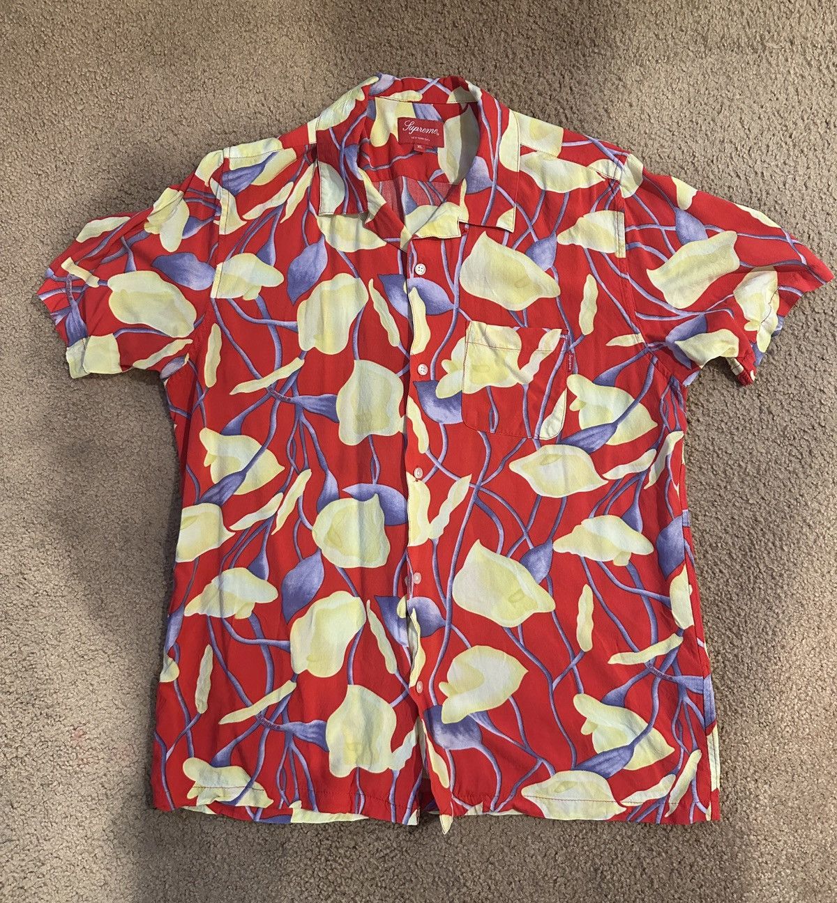 image of Supreme Lily Rayon Short Sleeve Button Up Shirt Red Xl, Men's