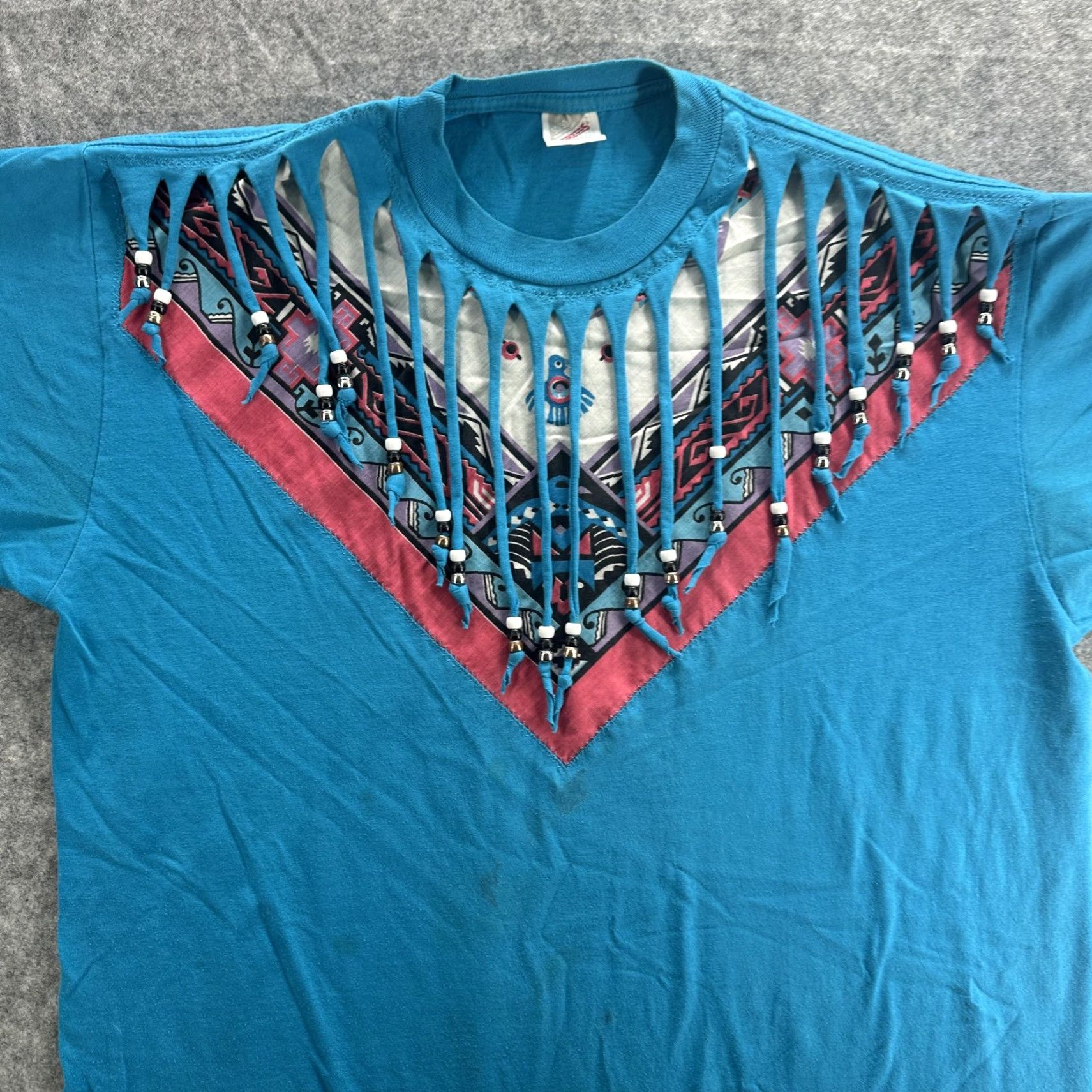 Jerzees Vintage Jerzees Shirt Mens XL Blue Aztec Fringe Beads Southwestern USA 90s Size US XL / EU 56 / 4 - 5 Thumbnail