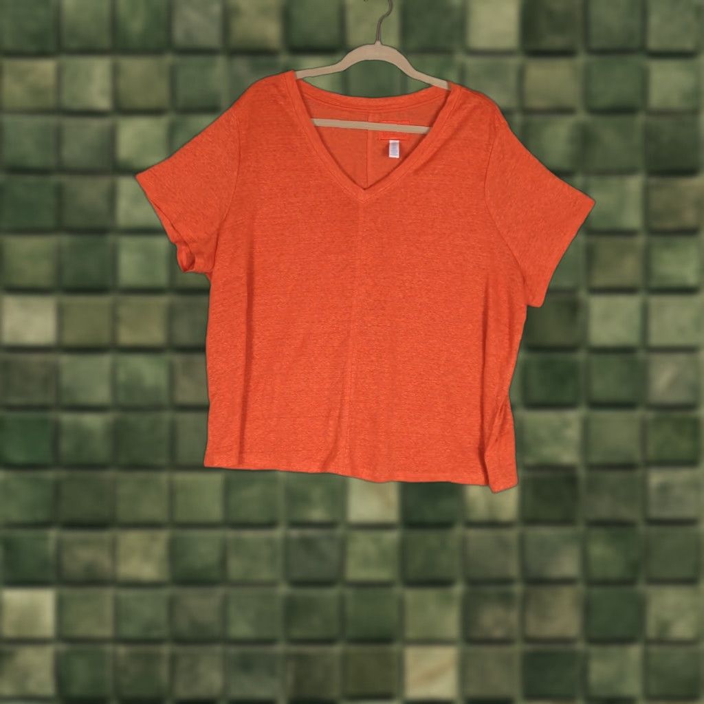 Vintage Sigrid Olsen T-Shirt Orange 100% Linen V-Neck Short Sleeve Plus 2X Womens Top, All Seasons, Casual, Travel, Relaxed Fit Size XXL / US 16-18 / IT 52-54 - 1 Thumbnail