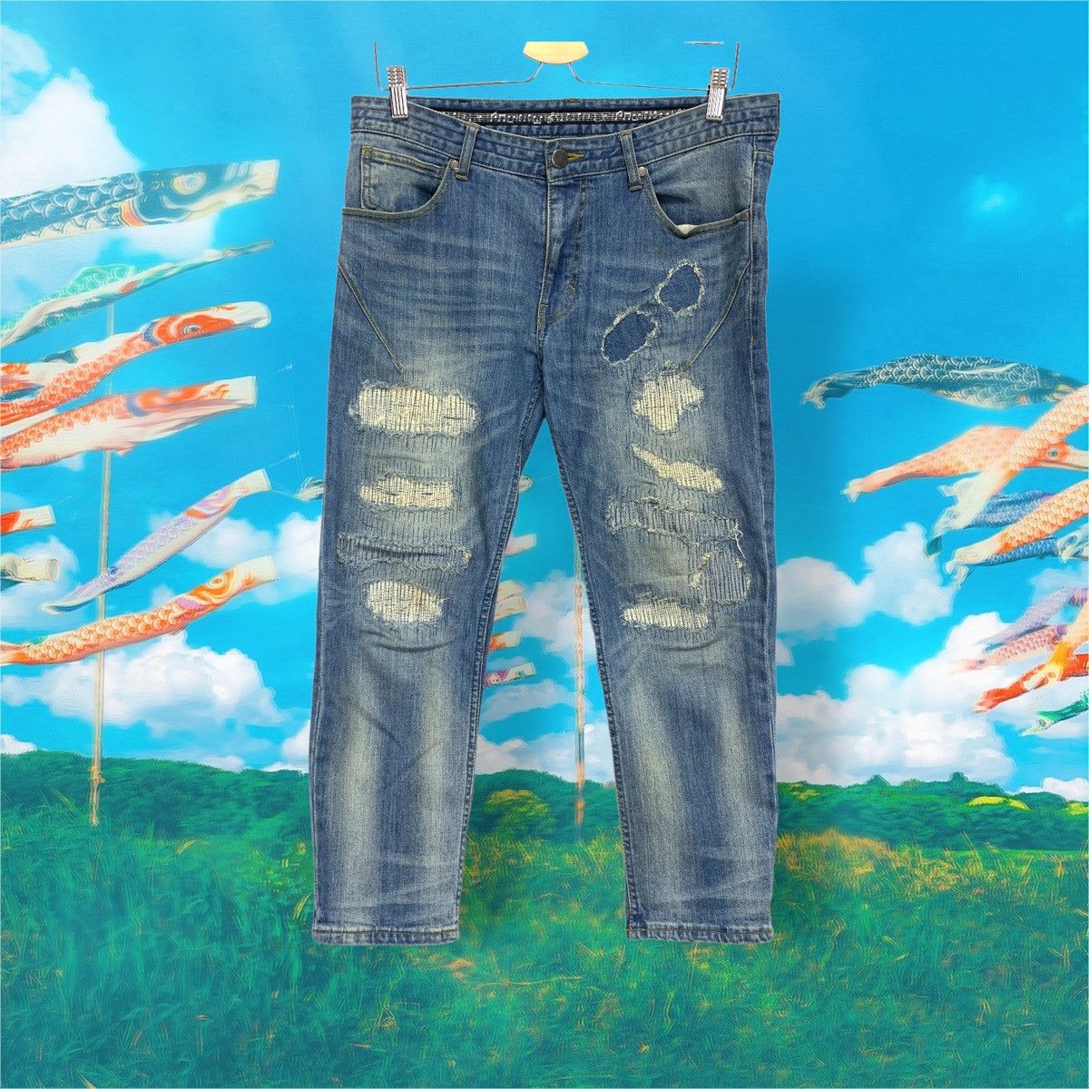 image of Number Nine X Nano Universe Cropped Distressed Denim Jeans in Indigo, Men's (Size 33)