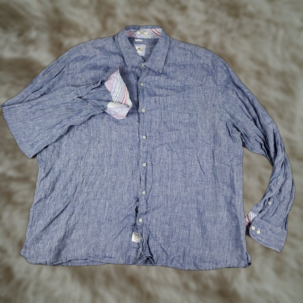 Peter Millar Peter Millar Shirt Mens 2XL Blue Linen Button-Up Long Sleeve Shirt Mens Colorful Modern Preppy Pattern Solid Button-Down Collared Casual Workwear Size US XXL / EU 58 / 5 - 1 Thumbnail