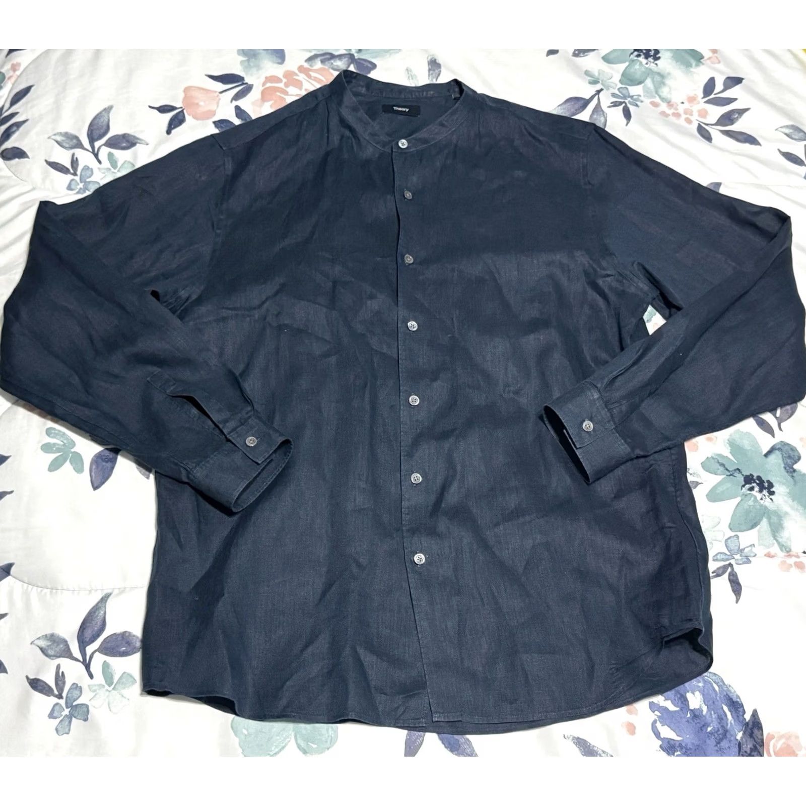 Theory Theory Shirt Mens L Navy 100% Linen Button Down Band Collar Relaxed Long Sleeve Vintage? Size US L / EU 52-54 / 3 - 3 Thumbnail