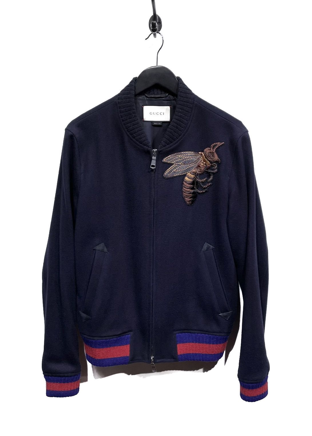 Gucci Gucci Navy Blue Bee Embroidered Wool Bomber Jacket Size US M / EU 48-50 / 2 - 1 Thumbnail