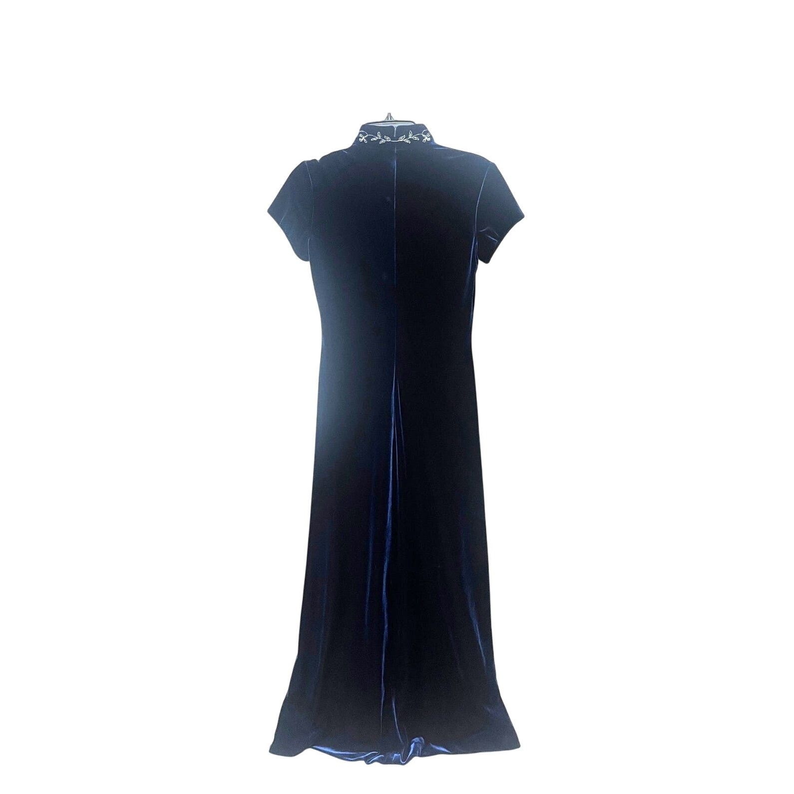 Vintage Cheongsam Dress Mandarin Collar Chinese Navy Blue Velvet 6 Size M / US 6-8 / IT 42-44 - 2 Thumbnail