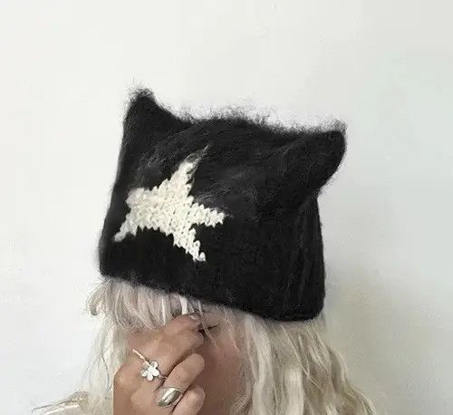 Japanese Brand Kawaii Knitted Star Pattern Cat Ear Beanies Hat Size ONE SIZE - 4 Thumbnail