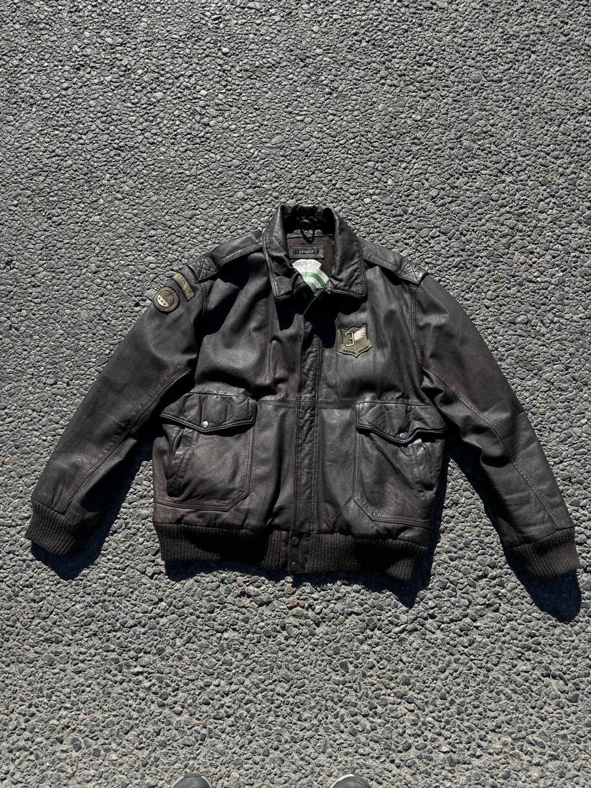 image of Leather Jacket x Ma 1 Mens Vintage Brown George Leather Bombers Jacket Y2K (Size XL)