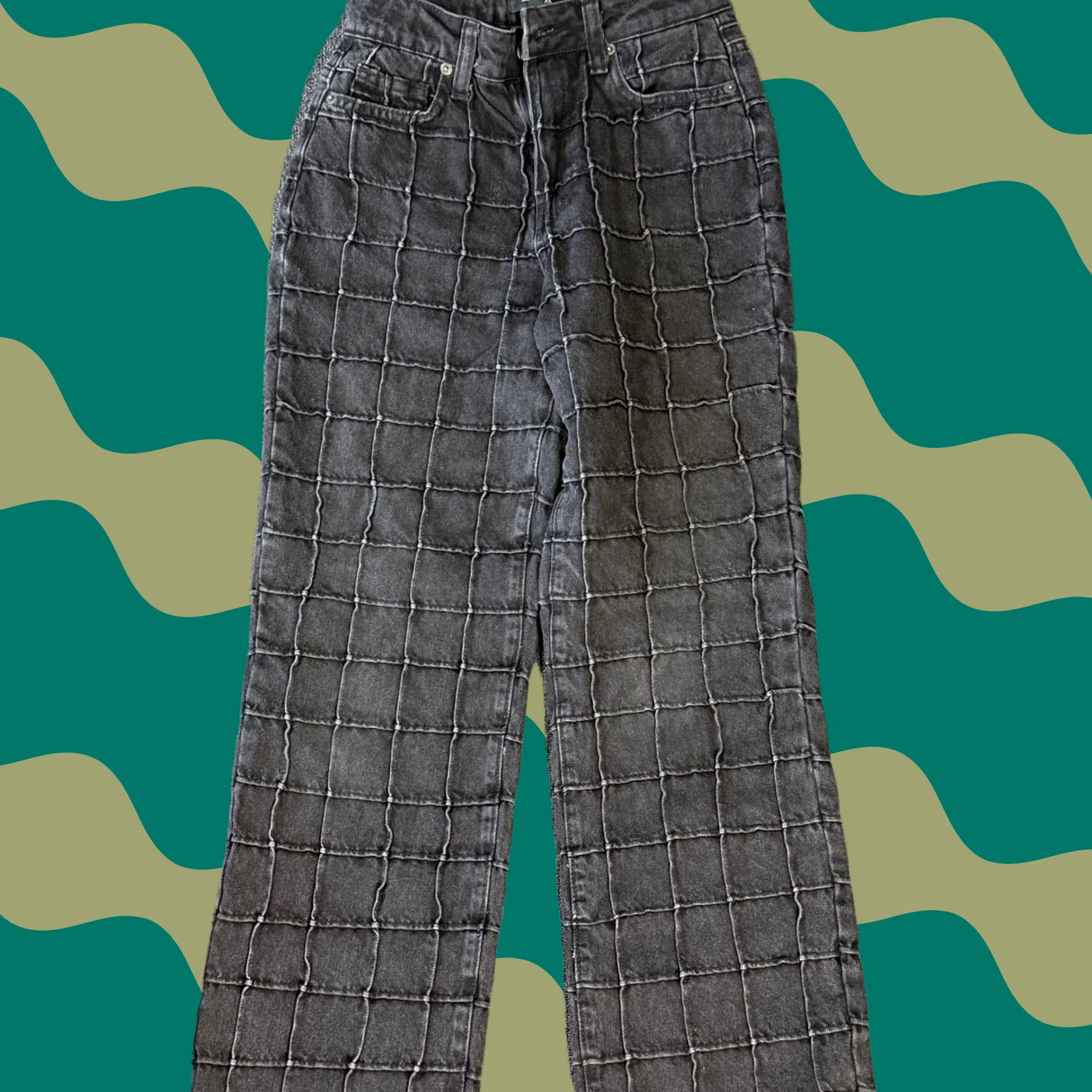 Vintage VINTAGE Piral Black Grid Checked High Waisted Cotton Baggy Jeans XS/W24 Size 26" / US 2 / IT 38 - 1 Thumbnail