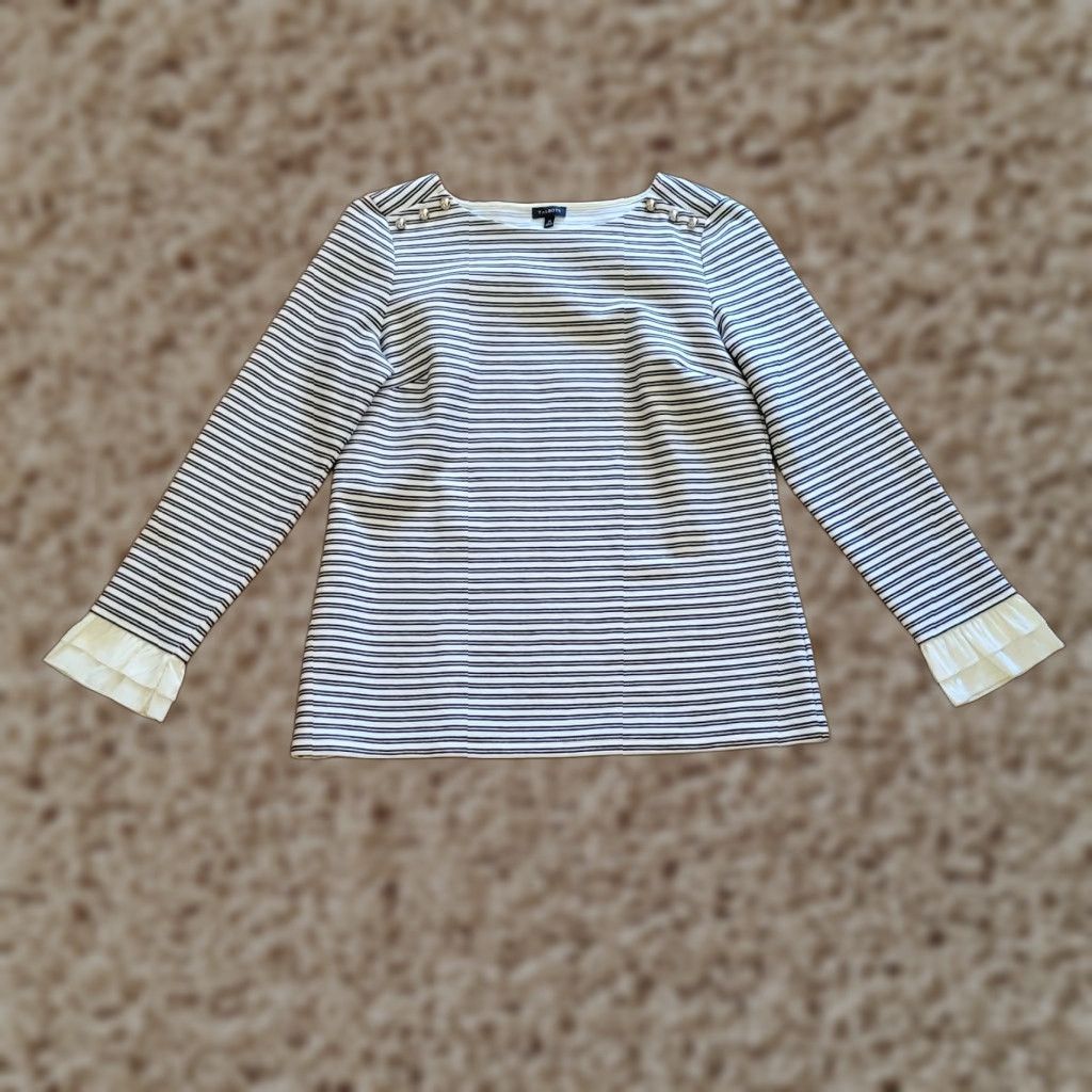 Talbots VINTAGE Talbots Shirt Womens M Black White Striped Ruffle Cuff Boat Neck Top Blouse Womens Classic Fit Size M / US 6-8 / IT 42-44 - 1 Thumbnail