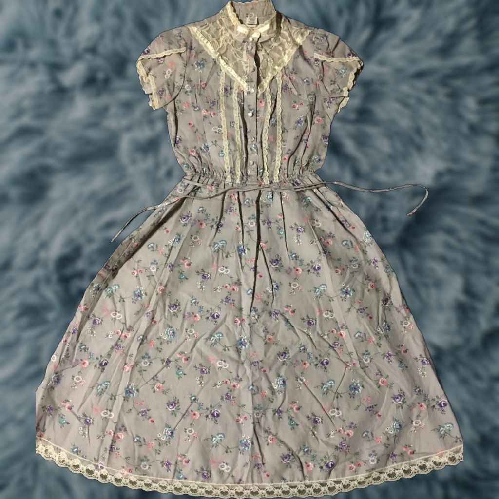 Folk VINTAGE Floral Prairie Dress 7 Purple Boho Lace Cottagecore Country Hippie Folk 70s Size M / US 6-8 / IT 42-44 - 1 Thumbnail