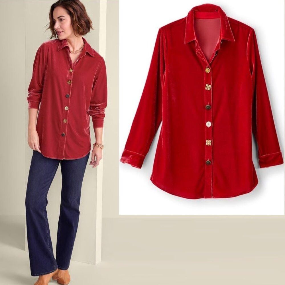 Soft Surroundings Soft Surroundings Red Velvet Button-Up Shirt Mixed Buttons Size M / US 6-8 / IT 42-44 - 2 Thumbnail