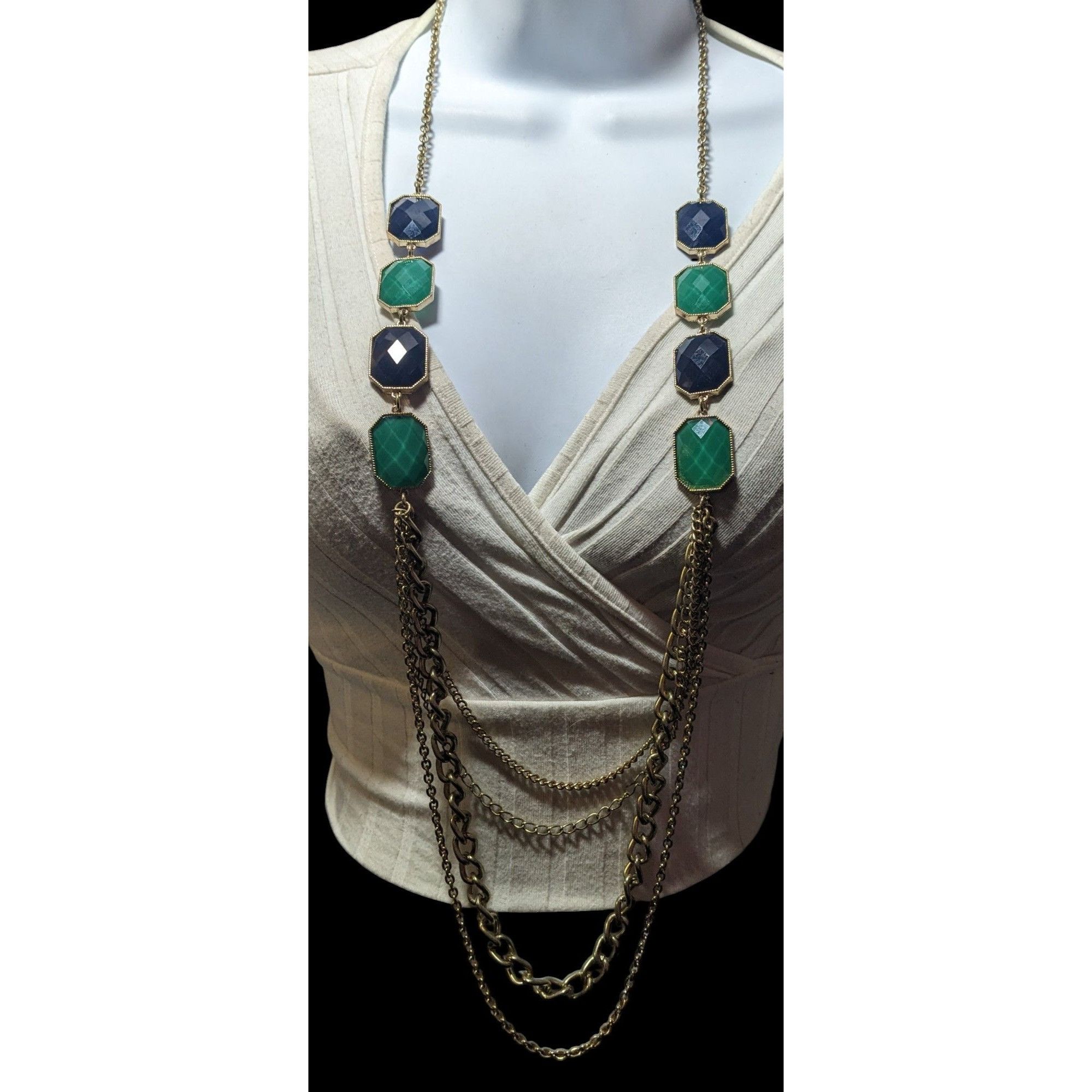 Other Y2k Chunky Glam Gold Tone Blue And Green Gemmed Multilayer S Size ONE SIZE - 3 Thumbnail