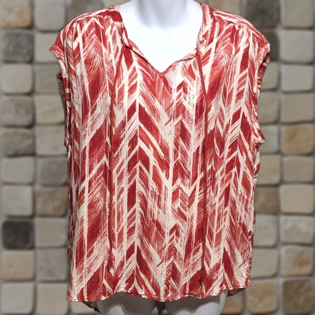 Vintage Salon Studio Top XL Red Ivory Geo Tie Neck Sleeveless Hi Lo Hem beach coastal Size XL / US 12-14 / IT 48-50 - 1 Thumbnail