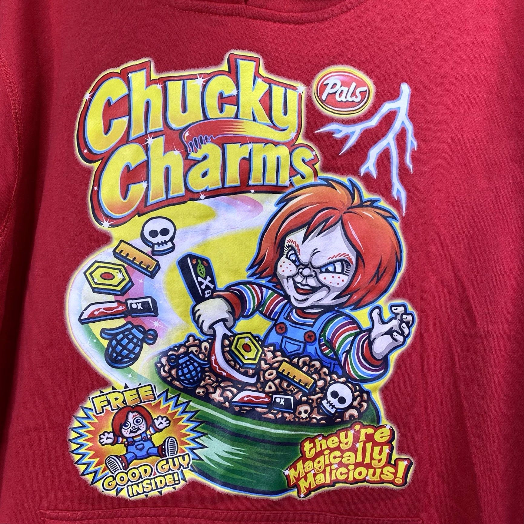 Vintage Chucky Charms Hoodie XL Red Horror Cereal Parody Graphic Hooded Sweatshirt Mens Hoodie XL Chucky Charms Horror Movie Graphic Print Hoodie Size US XL / EU 56 / 4 - 2 Thumbnail