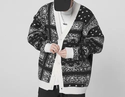 image of New Collection Cool Bandana Cardigan Knitwear in Black, Men's (Size XL)