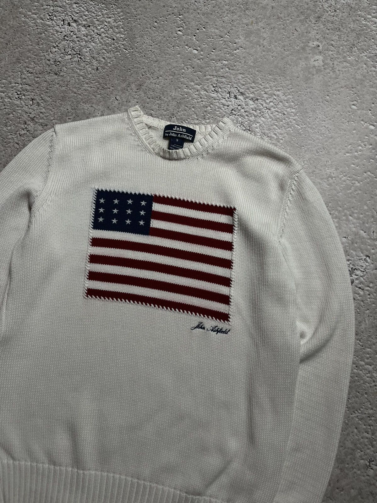 Vintage John Ashfield White Knit Sweater with USA Flag Patch - Small Size US S / EU 44-46 / 1 - 3 Thumbnail
