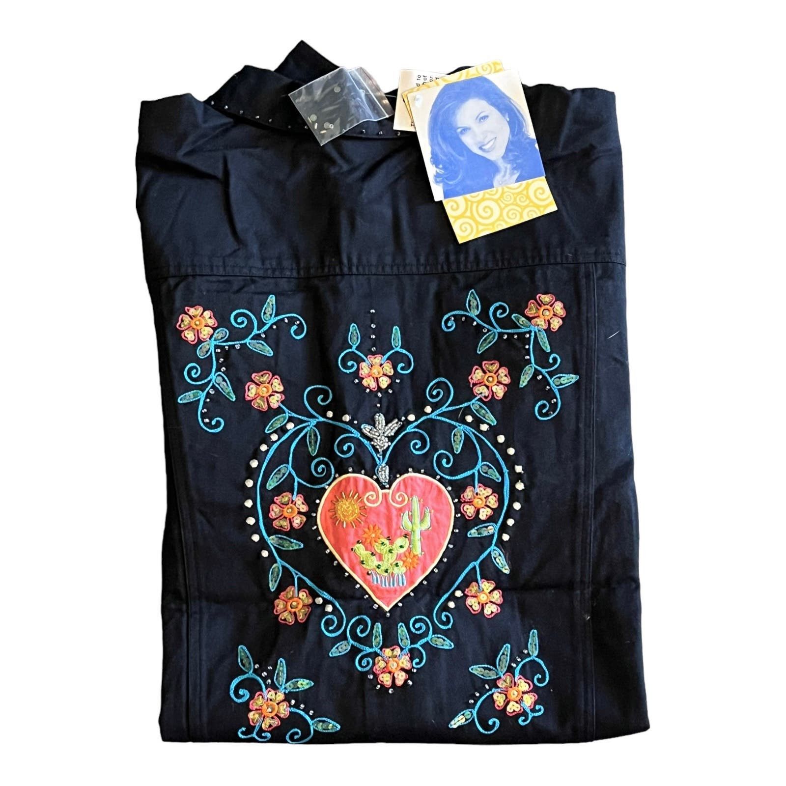 image of Vintage Susan Graver 3X Black Denim Jean Jacket Embroidered Mob Wife, Women's (Size 3xl)