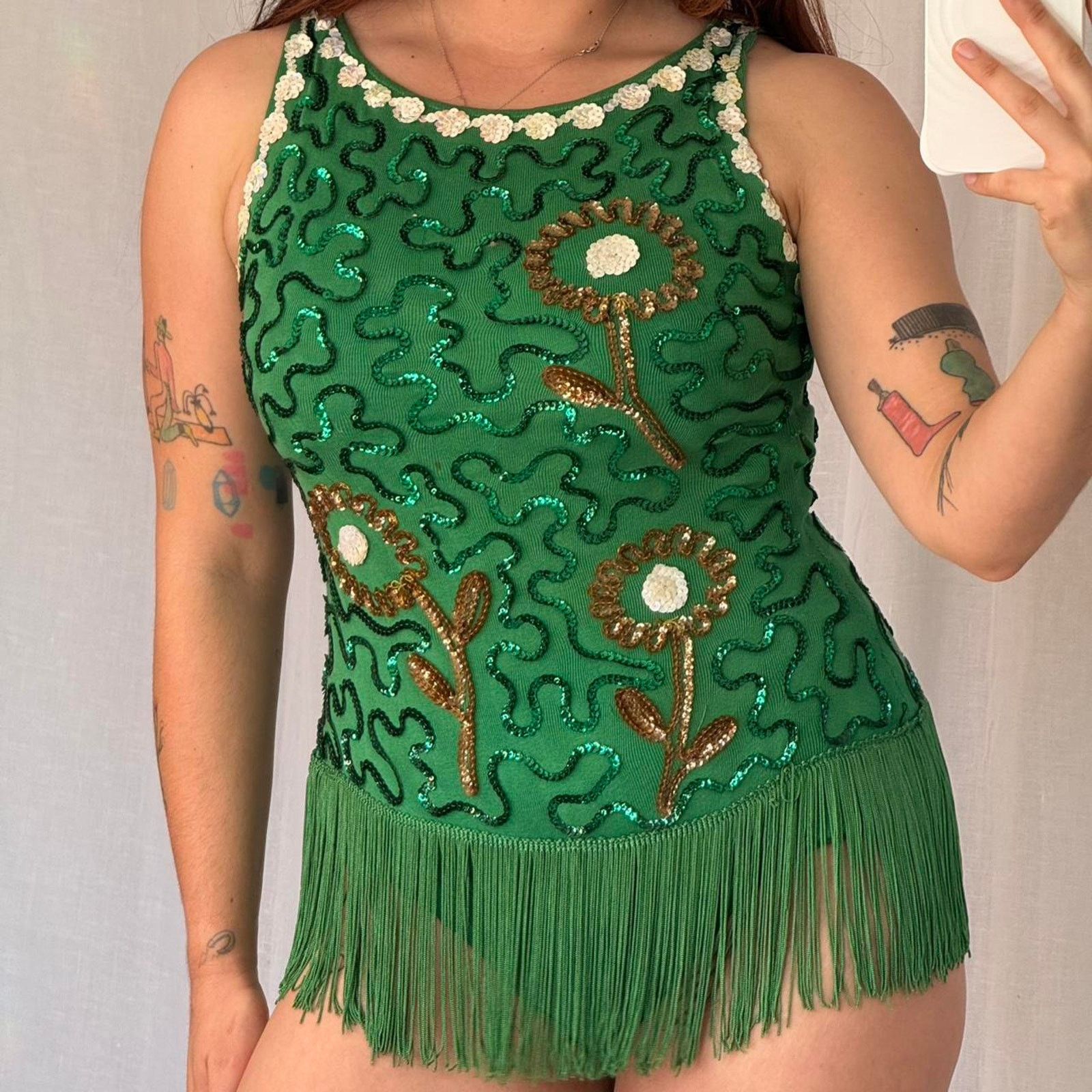 Vintage ✿ ⋆ 𓆩♡𓆪 Vintage Green Sequin Fringe Bodysuit 𓆩♡𓆪 ⋆ ✿ Size M / US 6-8 / IT 42-44 - 2 Thumbnail
