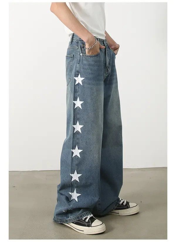 Japanese Brand Men's retro star print loose straight casual jeans Size US 32 / EU 48 - 4 Thumbnail