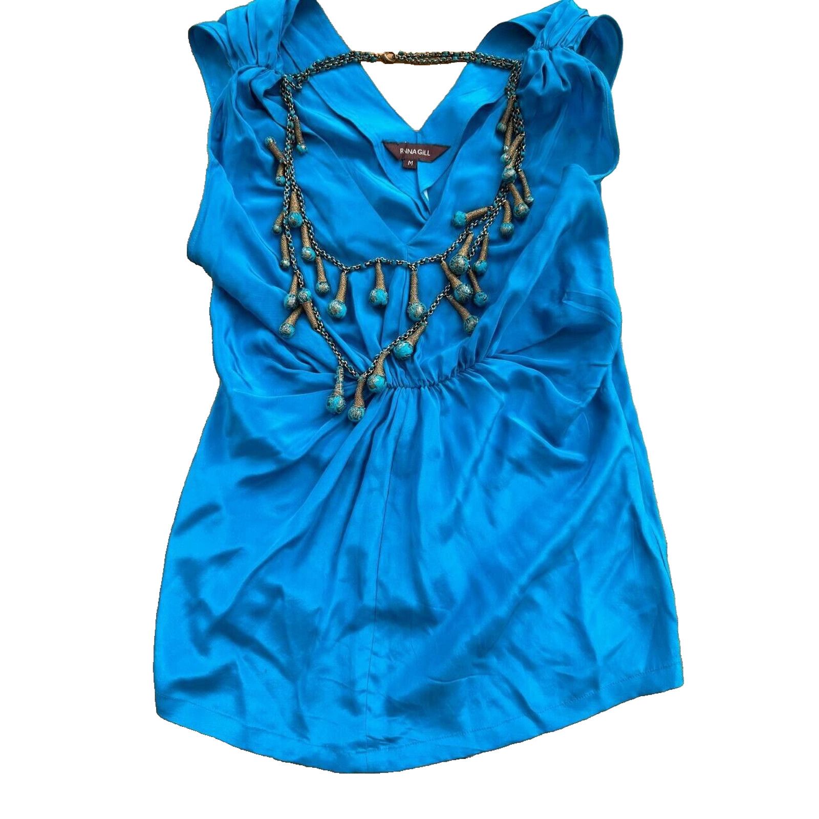 Anthropologie Ranna Gill silk top necklace Sleeve Length Blue M A000606 Size M / US 6-8 / IT 42-44 - 2 Thumbnail
