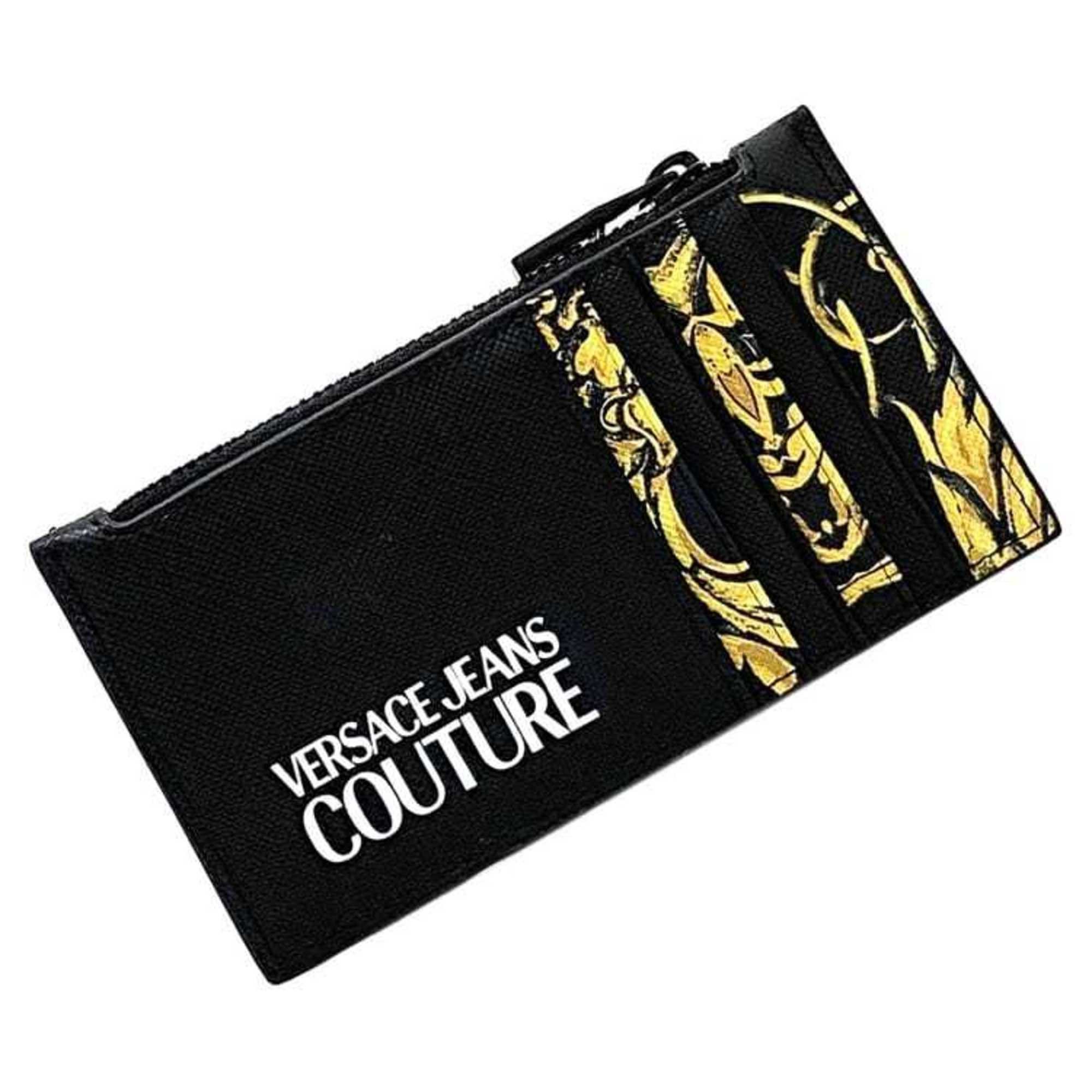 Versace Coin Case Ec-23104 Black Yellow Jeans Couture 72Ya5Pb3 Card Holder Saffiano Leather Versace Purse Pouch Jeans Couture, Women's