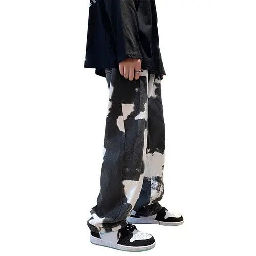 image of Tie-Dye Straight-Leg Jeans Middle-Waist Baggy Loose in Black, Men's (Size 29)