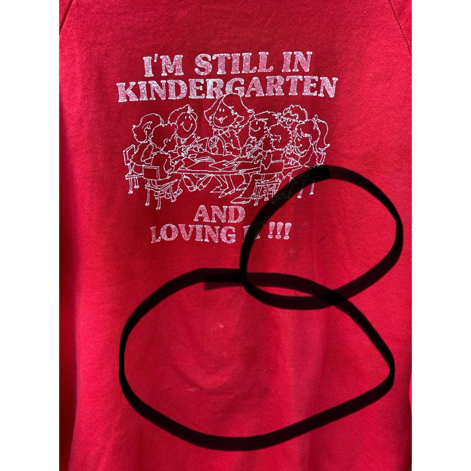 Jerzees VINTAGE Im Still In Kindergarten And Loving It Raglan Sweatshirt Worn Distressed Mens L Red Jerzees Graphic Print Cotton Blend Pullover Long Sleeve Size US L / EU 52-54 / 3 - 5 Thumbnail