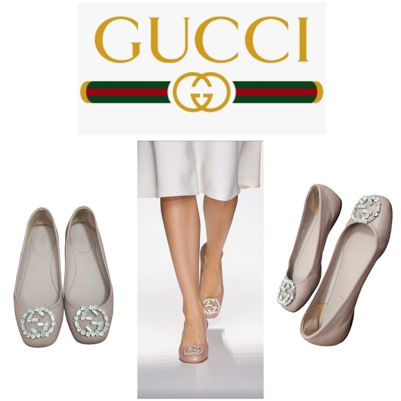 Gucci Gucci Women's Flats Pink Satin Square Toe GG Crystal Logo Size US 5.5 / IT 35.5 - 1 Thumbnail