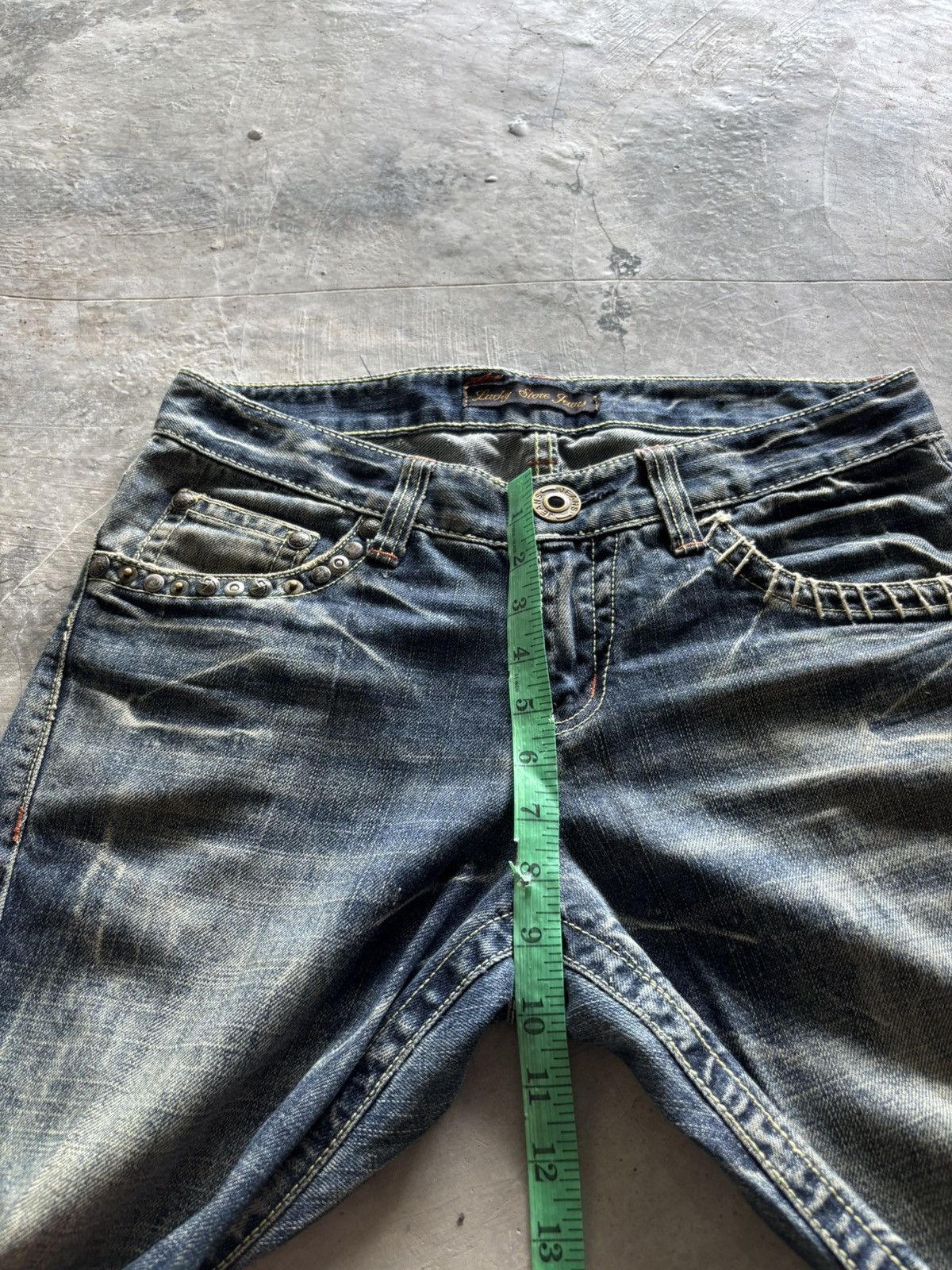 Tornado Mart FLARE LUCKY STORE JEANS JAPANESE DENIM STUDDED RUSTY MUDWASH Size US 31 - 22 Thumbnail