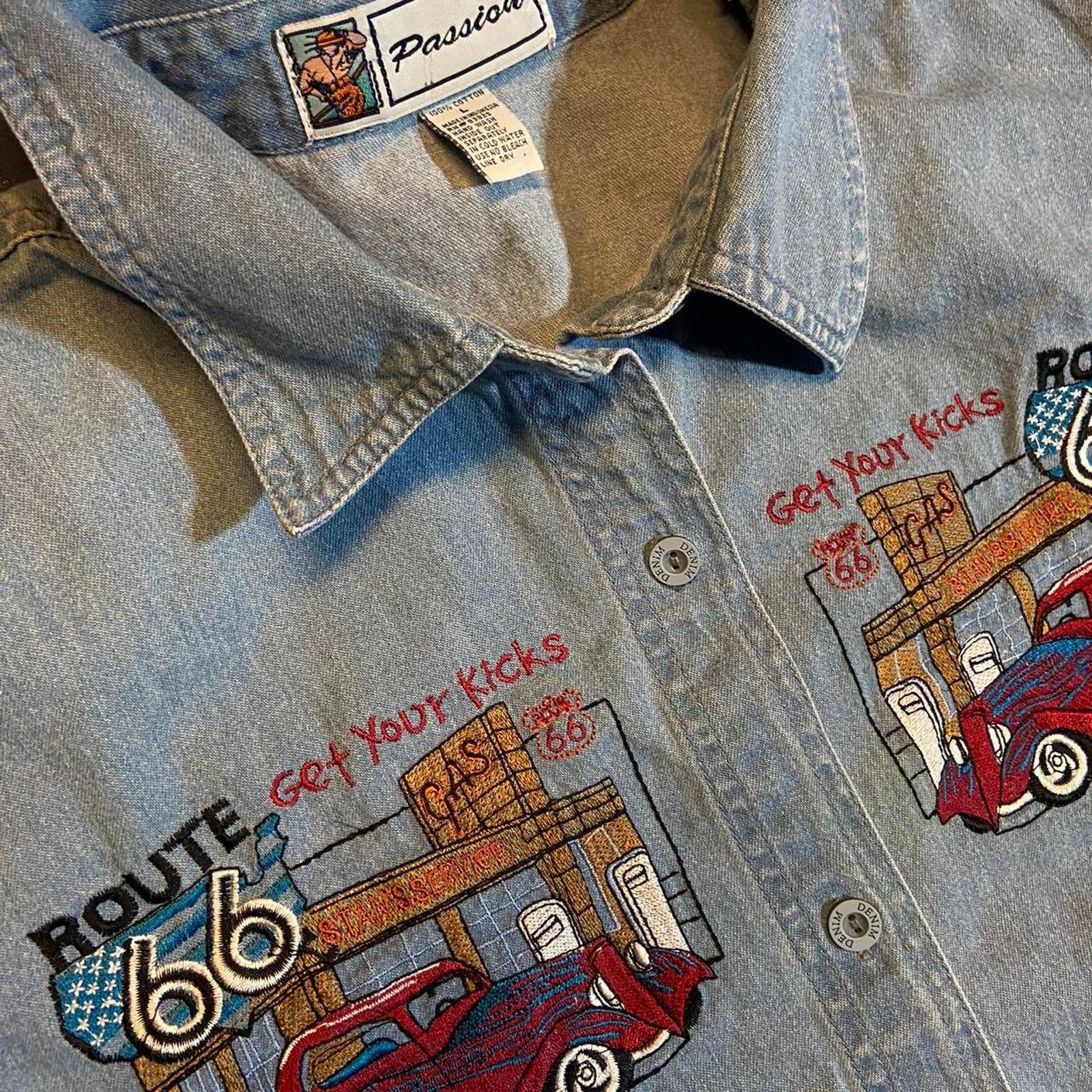 Jerzees Vintage 80s denim button up drag racer tee shirt Size US L / EU 52-54 / 3 - 2 Thumbnail
