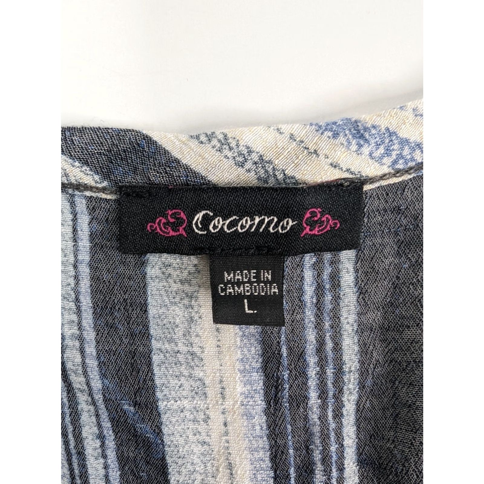 Vintage Cocomo Shirt Women L Beige Blue Striped Tie Waist Roll Tab Sleeve V-Neck Casual Workwear Size L / US 10 / IT 46 - 6 Thumbnail