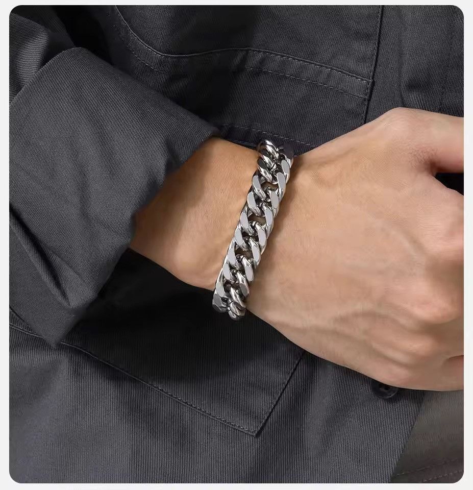 Japanese Brand 15MM Width Stainless Steel Cuban Chain Bracelets 21 cm Size ONE SIZE - 5 Thumbnail