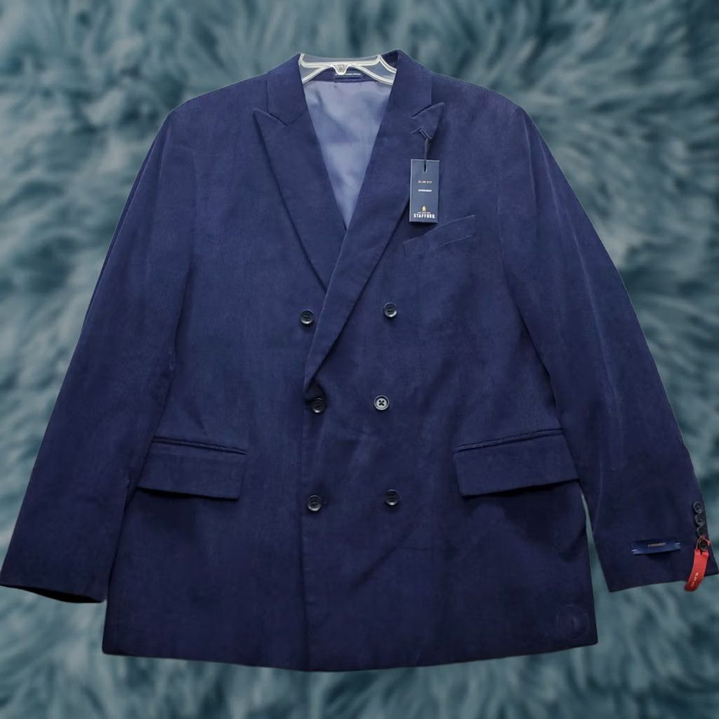 Stafford Stafford Navy Corduroy Blazer Mens 48 Slim Fit Double Breasted Peak Lapel Jacket Size 48R - 1 Thumbnail