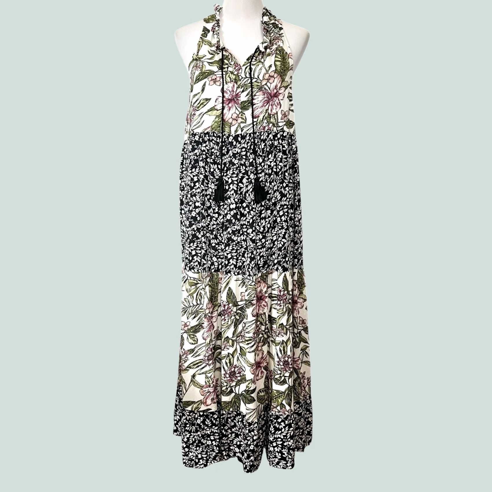 Vintage KAKTUS Womens Dress Floral Tiered Maxi Sleeveless Tassels Sz Large Size L / US 10 / IT 46 - 1 Thumbnail