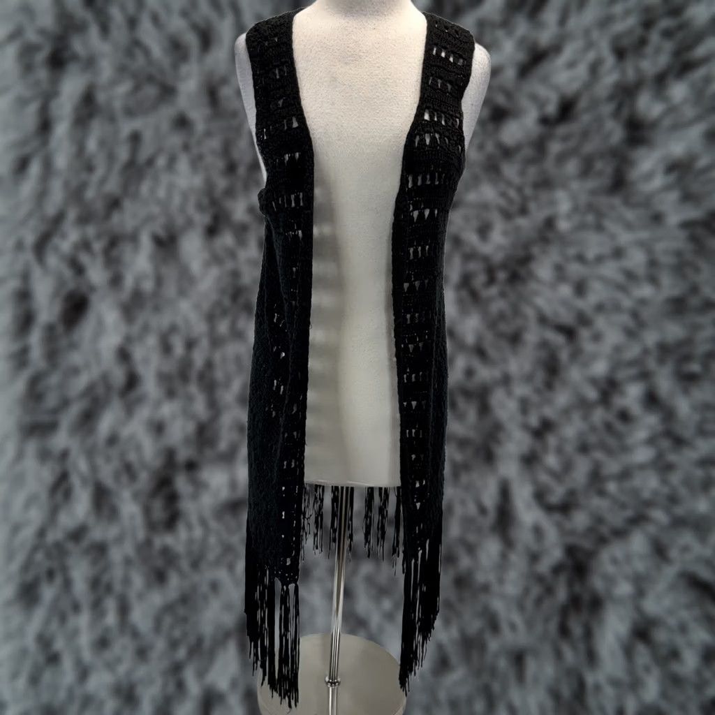 Vintage Dani Collection Vest Crochet Fringe Black Women’s Small Festival Boho Hippie Duster Sleeveless Open Front Casual Travel Vintage No Size S / US 4 / IT 40 - 1 Thumbnail